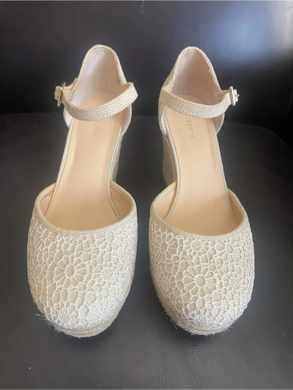 Liz Claiborne Beige Crochet Espadrille Wedge Sandals with Ankle Strap
